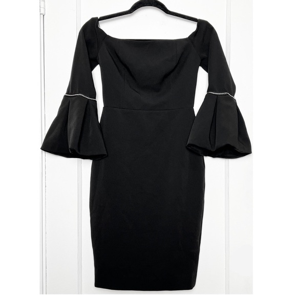 ALEXIS Off Shoulder Embroidered Trim Flared Bell Sleeve Crepe Sheath Dress XS - Picture 5 of 10